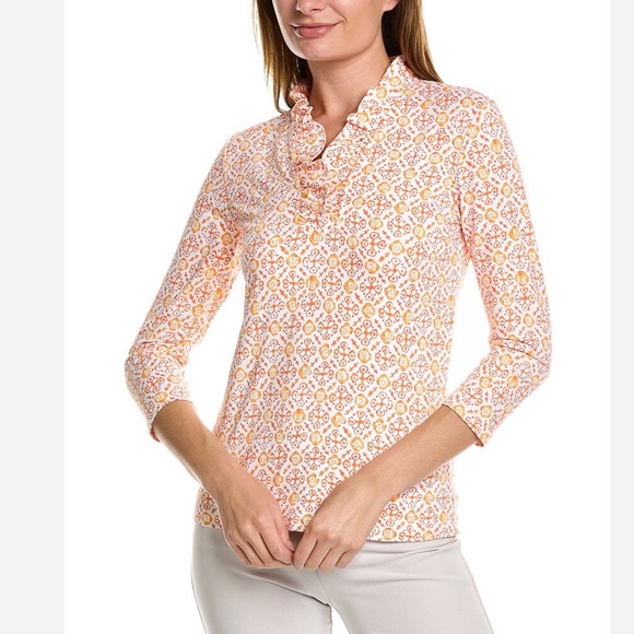 J. McLaughlin Ruffle Durham Catalina Cloth Print 3/4 Sleeve Orange - Picture 2 of 10